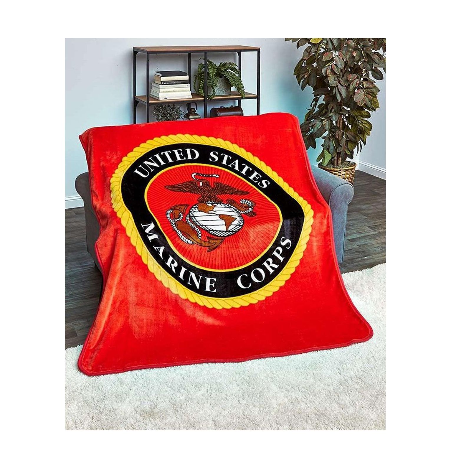Jumbo Plush Throw Blanket with Military Seal Emblem US Marines