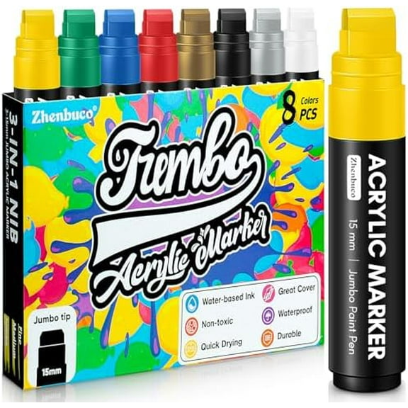 Jumbo Poster Markers - 8 Colors Permanent Paint Pens, 15mm Felt Tip Waterproof Acrylic Paint Markers for Rock Painting, Christmas Signs, Stone, Metal, Ceramic, Glass, Wood, Canvas, Fabric