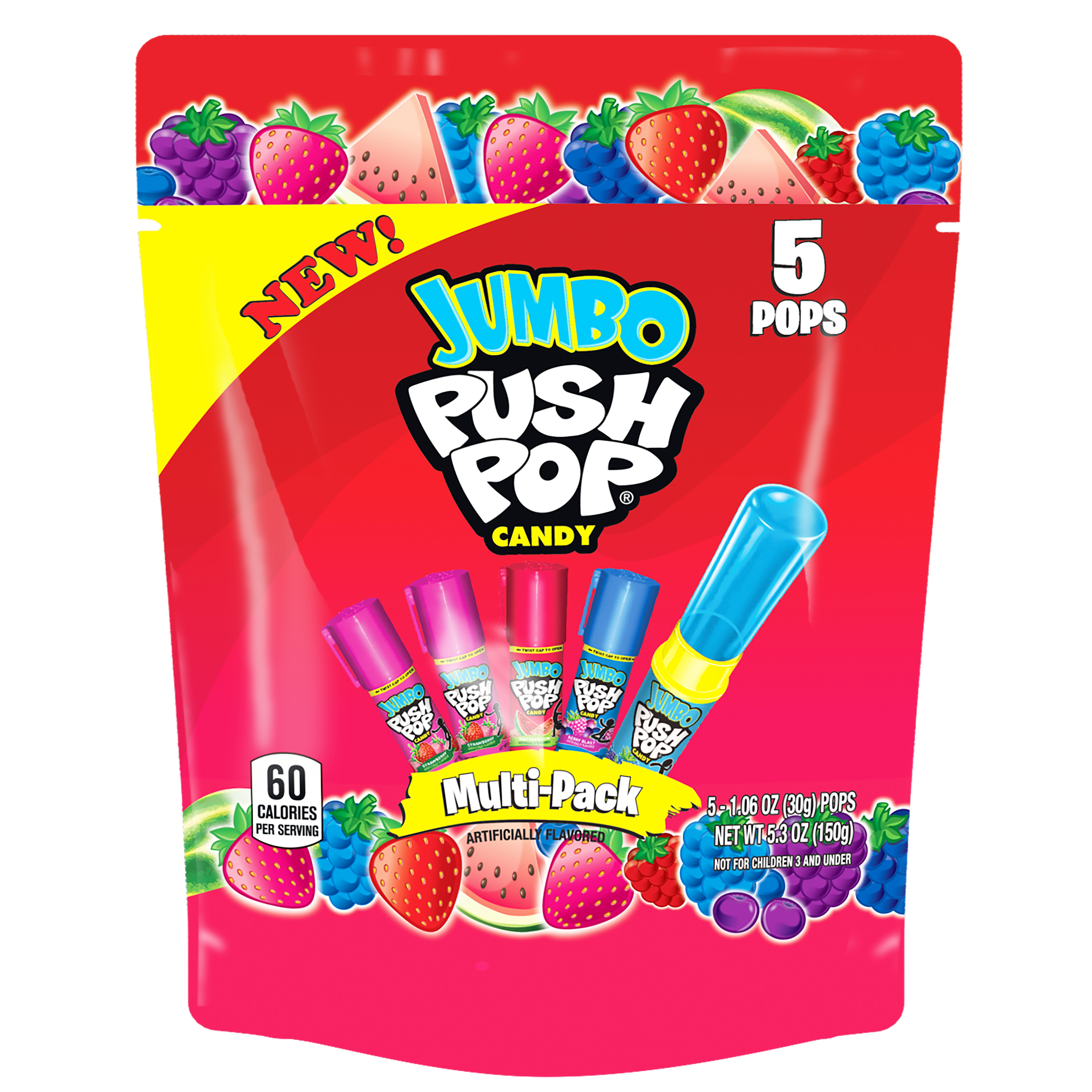 Jumbo Push Pop,Gluten-Free, Assorted Flavors Lollipops, 5.3 oz, 5 Count Bag - image 1 of 10