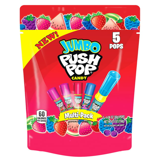 Jumbo Push Pop,Gluten-Free, Assorted Flavors Lollipops, 5.3 oz, 5 Count Bag