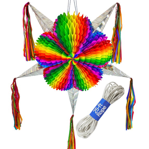 Jumbo Pinata with Silver Cones (33") – Rainbow Pinata - 25 Ft Rope Included - Mexican Star Pinata by TexMex Fun