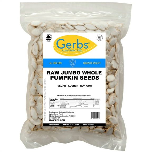 Jumbo Raw Pumpkin Seeds In Shell by Gerbs - 2 LBS - Top 14 Food Allergen Free & Non GMO - Vegan & Kosher
