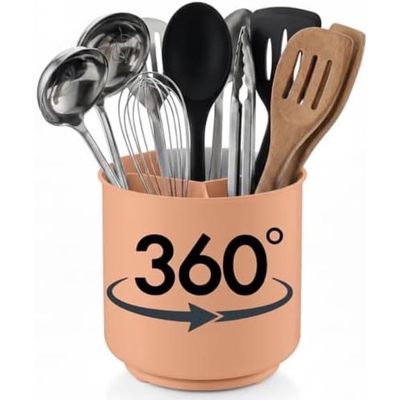 Jumbo Rotating XL Peach Plastic Utensil Holder Caddy with Sturdy No-Tip Weighted Base, Removable Divider, and Gripped Insert - Dishwasher Safe Kitchen Utensil Holder for Countertop