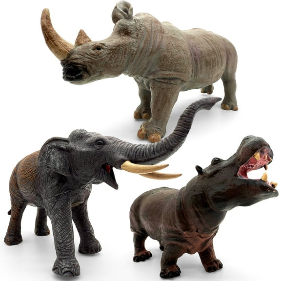 Jumbo Safari Animal Toys Set -Soft Rubber Zoo Animals (Rhino 10.2”, Elephant 11.8”, Hippo 8.7") - Realistic Wild Figurines, Gift for Kids Boys Girls