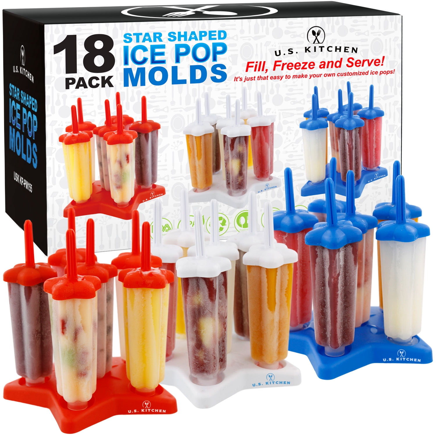 U.S. Kitchen Supply Jumbo Set of 18 Star Shaped Ice Pop Molds - Sets of 6 Red, 6 White & 6 Blue - Reusable USA Colored Ice Pop