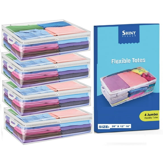 Jumbo Size Clear Flexible Zipper Storage Bags Organizer, for Clothes, Bedding, Quilts, Blankets, Flexible Thick Plastic Totes for Easy and Convenient Storage, Travel, Underbed, Closet Organization