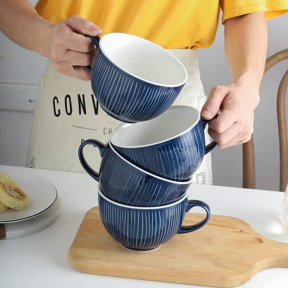 Jumbo Soup Mug, Soup Bowls with Handles Microwave Safe, Ceramic Soup Mugs with Handles, Jumbo Mug Set of 4, 24 Ounce (Aegean)
