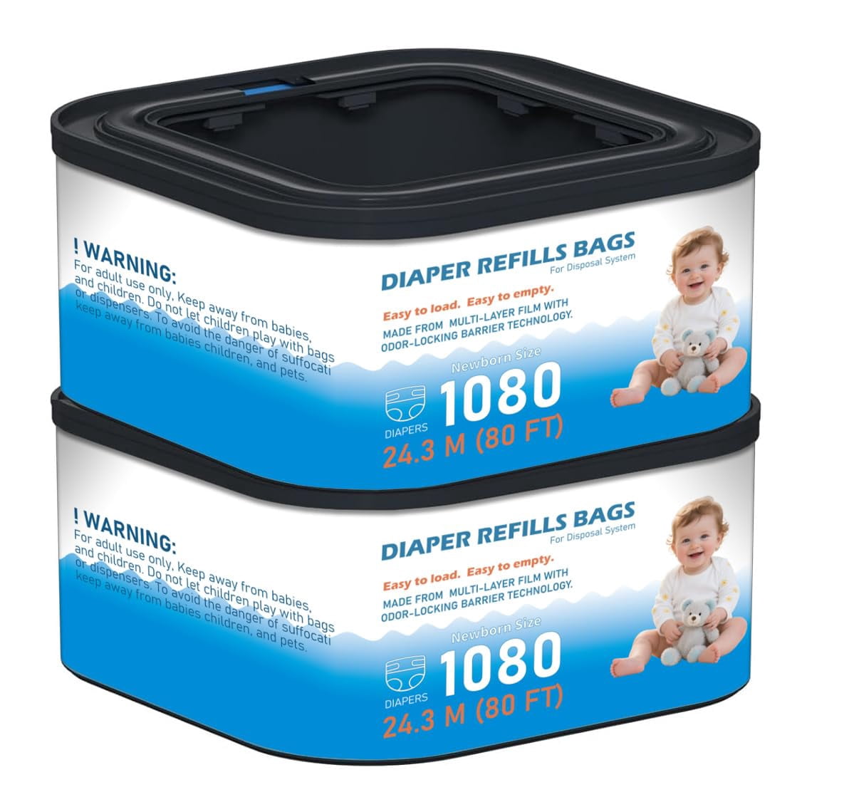 Jumbo Square Refills Disposal Bags Refill Compatible with Genie Diaper Compact, Select Pails, Hold Up to 1080 Newborn-Sized Diapers Per Refill，2 Packs