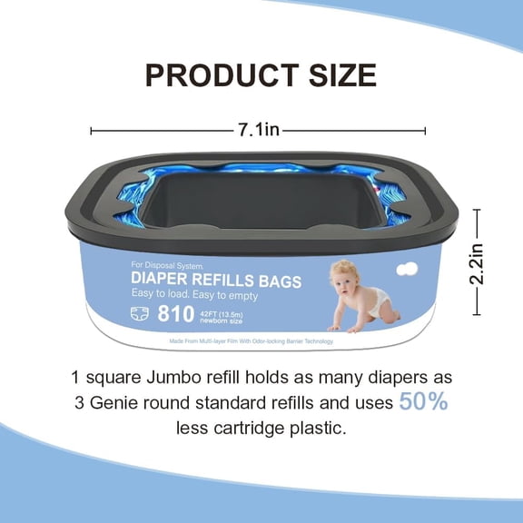 Jumbo Square Refills Disposal Bags Refill Compatible with Genie Diaper Compact, Select Pails (Not Fit Classic),Hold Up to 810 Newborn-Sized Diapers Per Refill,Pack of 5