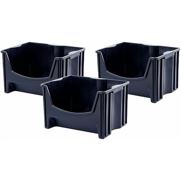 Jumbo Stackable Storage Bins, Pack of 3, Easy-Access Storage, Large Easy-To-Grip Handles, Wide Front Opening, Interlocking, Stack Vertically, Black
