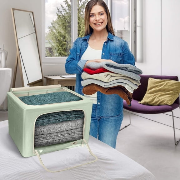 Jumbo Storage Bins with Metal Frame - Oxford Fabric Storage Containers with Large Clear Window & Carry Handles - Stackable & Foldable Clothes Organizer Bags for Bedding Linen, Clotheing & More