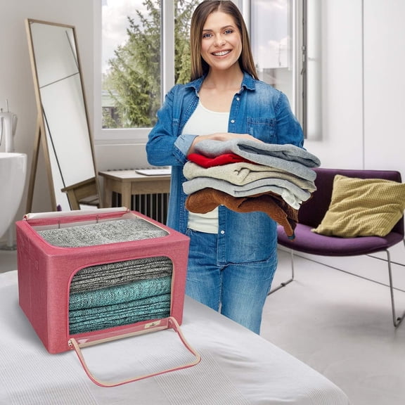 Jumbo Storage Bins with Metal Frame - Oxford Fabric Storage Containers with Large Clear Window & Carry Handles - Stackable & Foldable Clothes Organizer Bags for Bedding Linen, Clothing & More