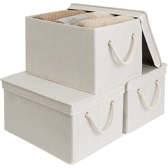 Jumbo Storage Bins with Lids, Foldable Stackable Baskets with Soft Rope Handles, Ivory and White, 3-Pack