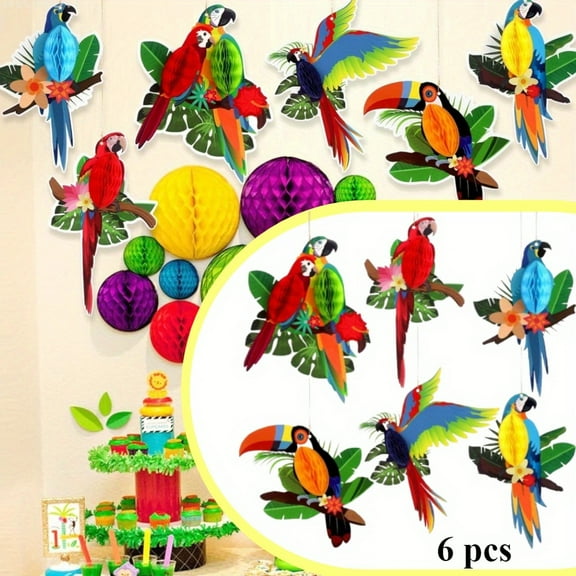 Jumbo Tropical Honeycomb Birds - Set of 6 | UP TO 9x7.7 Inch Large Cutouts for Jungle Party, Luau & Tiki Decor | Pre-Assembled & Easy to Hang