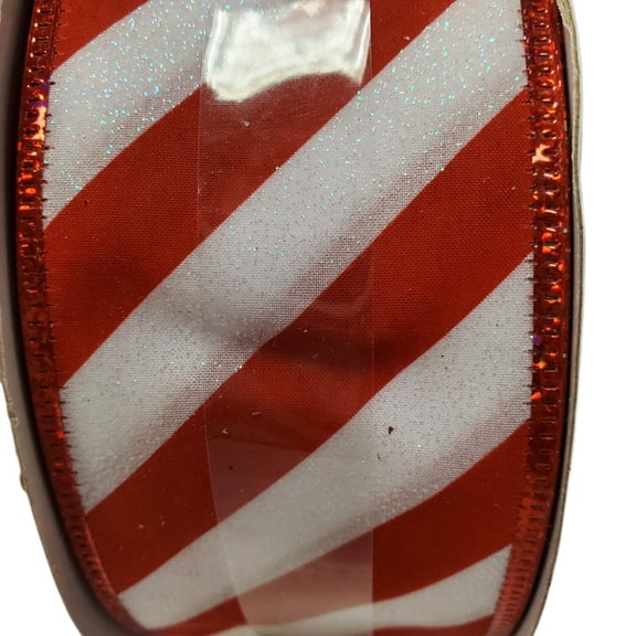 Jumbo WIRED Ribbon Red W/ White Glitter, Candy Cane Stripes 2.5 in X 80 ft