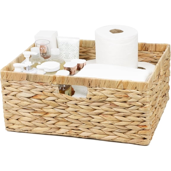 Jumbo Wicker Basket, Rectangular Baskets for Storage, Water Hyacinth Extra Large Storage Baskets, Shelf Basket with Built-in Handles-1 Pack