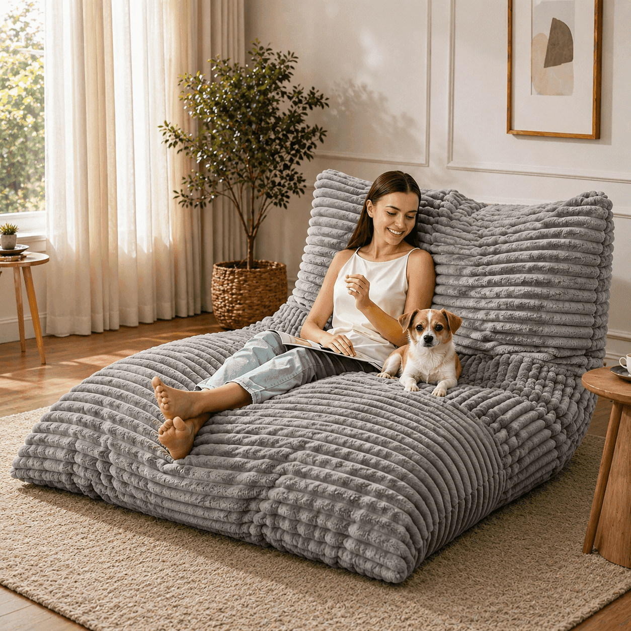 Sanae Jumbo Convertible Bean Bag Chair with Washable Cover, for Adults, Living Room, Bedroom & Den, Light Gray