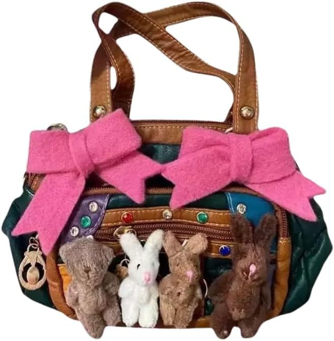 Juminocore Leather Shoulder Purses with Plushies Women 2000s