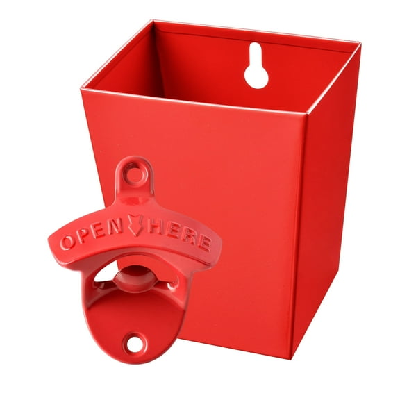 Jumiok Red Bottle Opener and Cap Catcher Wall Mount Beer Set for Garage Patio