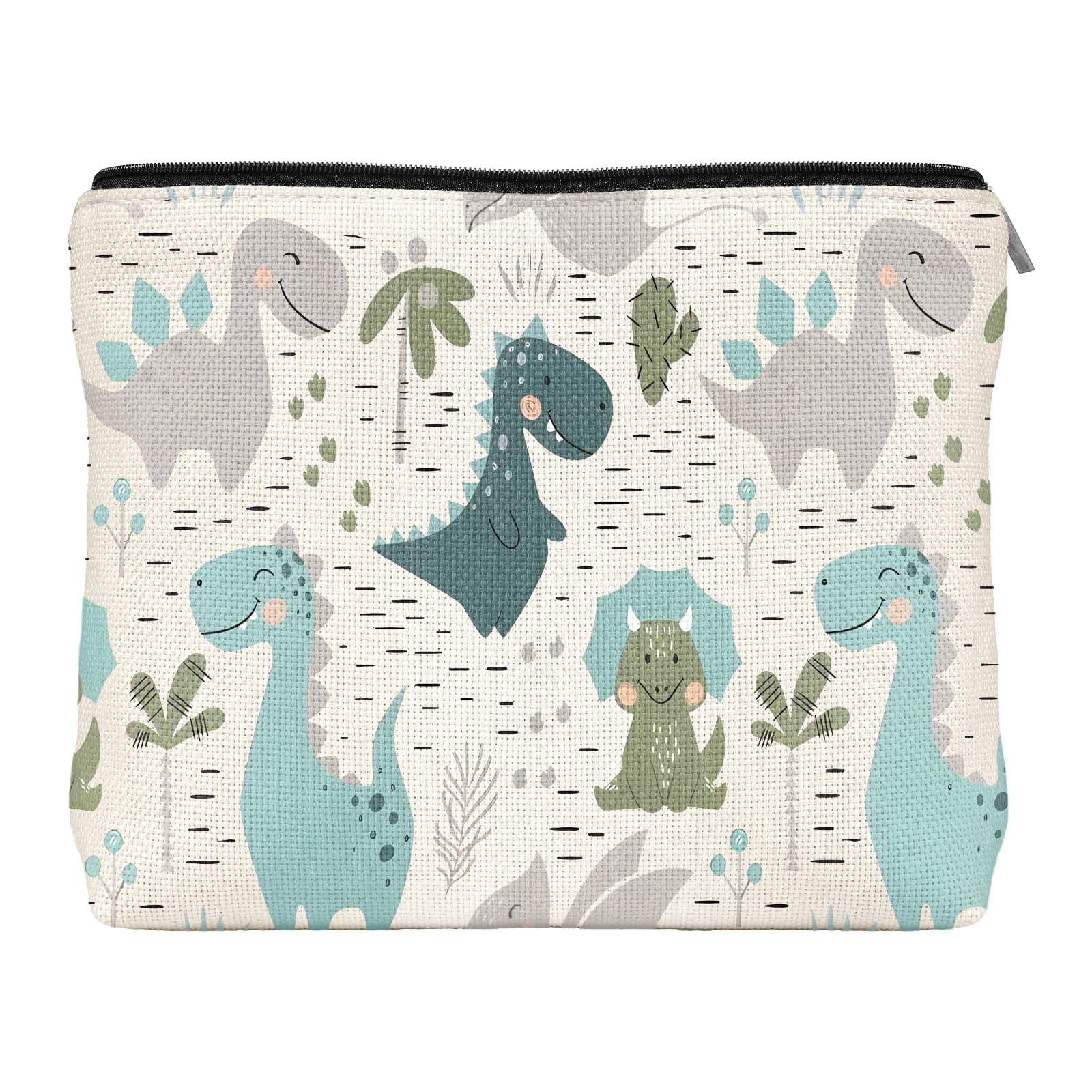 Dinosaur Makeup Bag - Funny Dinosaur Lover Gift, Cotton Makeup Pouch For Women, 9.4x6.9x1.9 Inches (White)