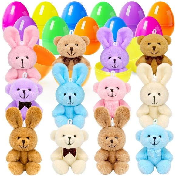 Jumlys 12 Pack Prefilled Easter Eggs with Stuffed Toys, Surprise Plastic Easter Eggs Filled with Plush Bunny and Bear for Kids, Perfect for Easter Egg Hunt , Basket Stuffers and Party FavorsT404