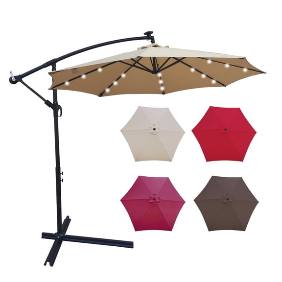 Jump Into Fun 10FT Patio Umbrella with Base Included, Outdoor Offset Cantilever Umbrella with Solar Lights, Crank and Push Button Tilt, Solar Umbrella for Garden, Backyard, Pool and Beach, Tan
