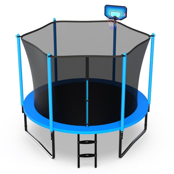 Jump Into Fun 10FT Trampoline for 3-4 Kids, 1000LBS Capacity Trampolines with Enclosure, Basketball Hoop, Heavy Duty Outdoor Galvanized Anti-Rust Coating Recreational Trampoline