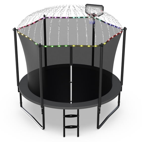 Jump Into Fun Trampoline 10FT with Basketball Hoop and Lights Sprinkler Socks Enclosure, 1000LBS Weight Capacity Backyard Outdoor Trampoline for Kids and Adutlts, Trampoline for Gift, Family Use