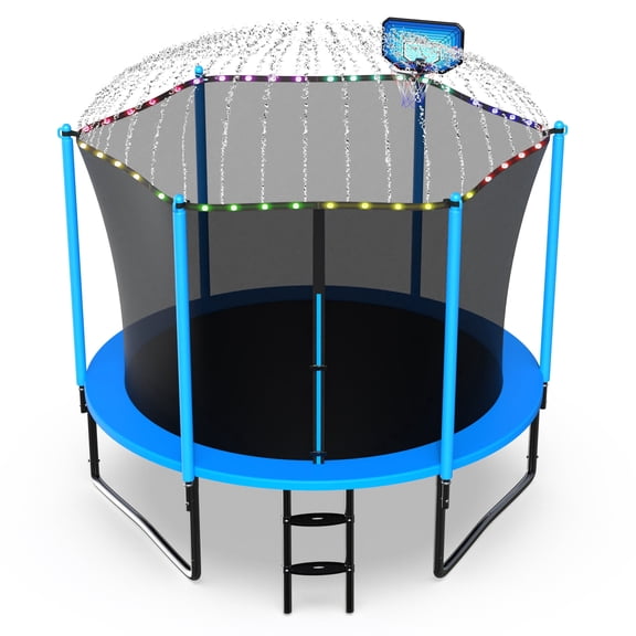 Jump Into Fun Trampoline 10FT with Basketball Hoop and Lights Sprinkler Enclosure, 1000LBS Weight Capacity Backyard Outdoor Trampoline for Kids and Adutlts, Trampoline for Gift, Family Use