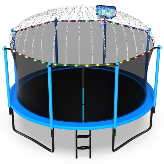 Jump Into Fun Trampoline 12FT with Basketball Hoop and Lights Sprinkler Enclosure, 1200LBS Weight Capacity Backyard Outdoor Trampoline for Adults and Kids, Trampoline for Gift, Family Use