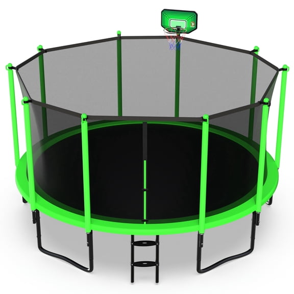 Jump Into Fun 14FT Trampoline for Adults/ 6-8 Kids, 1400LBS Capacity Trampolines with Enclosure, Basketball Hoop, Heavy Duty Outdoor Galvanized Anti-Rust Coating Recreational Trampoline