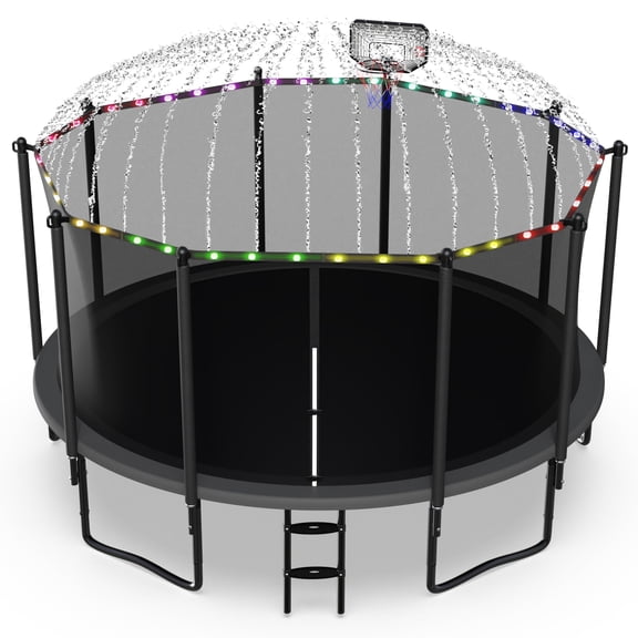 Jump Into Fun Trampoline 14FT with Basketball Hoop and Lights Sprinkler Enclosure, 1400LBS Weight Capacity Backyard Outdoor Trampoline for Adults and Kids, Trampoline for Gift, Family Use