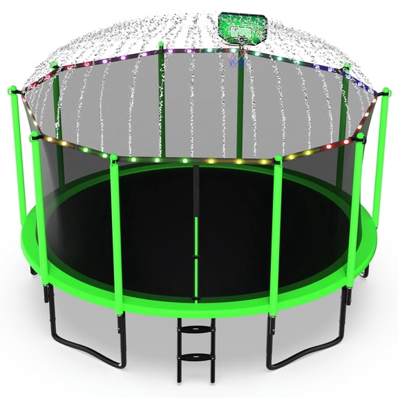 Jump Into Fun Trampoline 14FT with Basketball Hoop and Lights Sprinkler Enclosure, 1400LBS Weight Capacity Backyard Outdoor Trampoline for Adults and Kids, Trampoline for Gift, Family Use