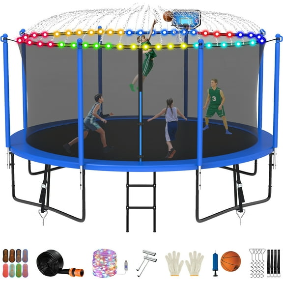 Jump Into Fun Trampoline 14FT with Basketball Hoop and Lights Sprinkler Socks Enclosure, 1400LBS Weight Capacity Backyard Outdoor Trampoline for Adults and Kids, Trampoline for Gift, Family Use