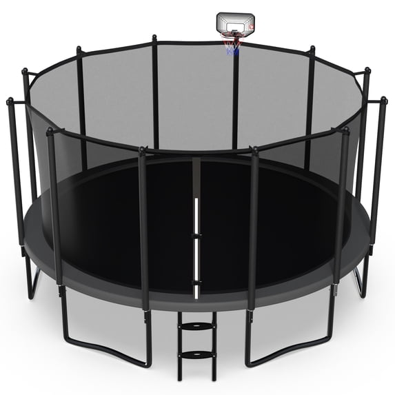Jump Into Fun 15FT Trampoline for Adults/ 7-9 Kids, 1500LBS Capacity Trampolines with Enclosure, Basketball Hoop, Wind Stakes, Heavy Duty Outdoor Galvanized Anti-Rust Coating Recreational Trampoline