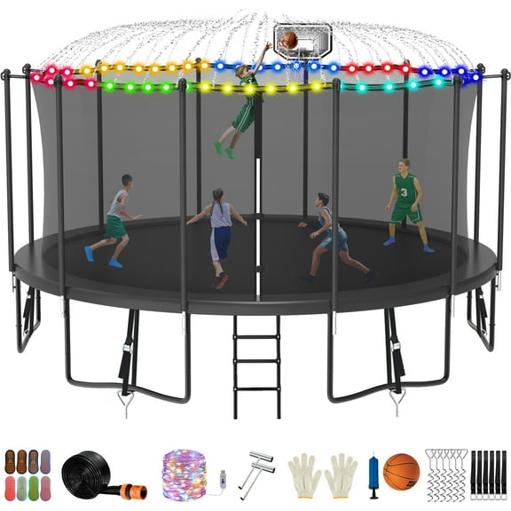 Jump Into Fun Trampoline 16FT with Basketball Hoop and Lights Sprinkler Socks Enclosure, 1500LBS Weight Capacity Backyard Outdoor Trampoline for Adults and Kids, Trampoline for Gift, Family Use