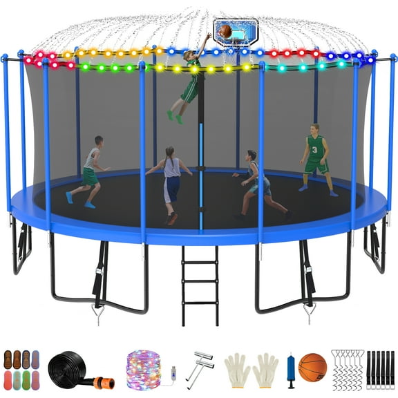 Jump Into Fun Trampoline 16FT with Basketball Hoop and Lights Sprinkler Socks Enclosure, 1500LBS Weight Capacity Backyard Outdoor Trampoline for Adults and Kids, Trampoline for Gift, Family Use