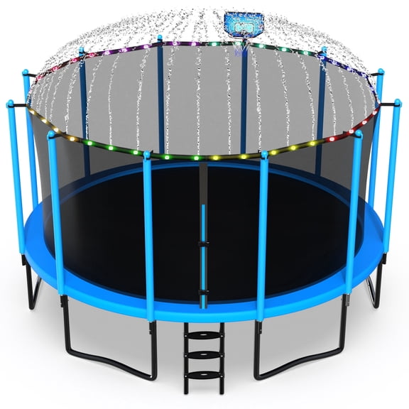 Jump Into Fun Trampoline 16FT with Basketball Hoop and Lights Sprinkler Enclosure, 1500LBS Weight Capacity Backyard Outdoor Trampoline for Adults and Kids, Trampoline for Gift, Family Use