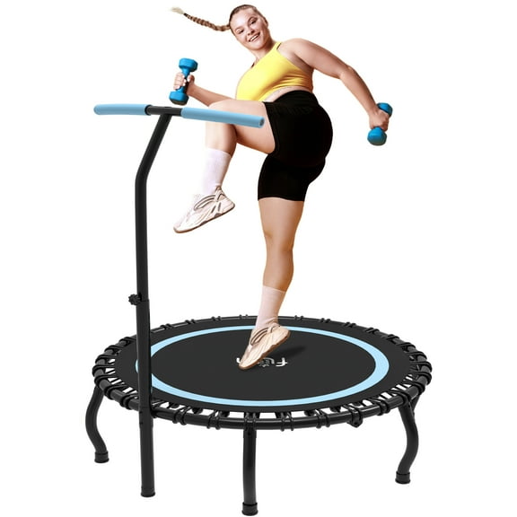 Jump Into Fun 48'' Foldable Mini Trampoline with Durable Bungees and Adjustable Foam Handle, Fitness Rebounder Trampoline for Adults, 330LBS Indoor/Outdoor Workout Trampoline