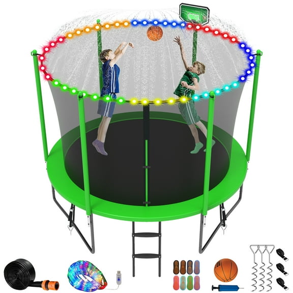 Jump Into Fun Trampoline 8FT with Basketball Hoop and Lights Sprinkler Socks Enclosure, 800LBS Weight Capacity Backyard Outdoor Trampoline for Kids and Adutlts, Trampoline for Gift, Family Use