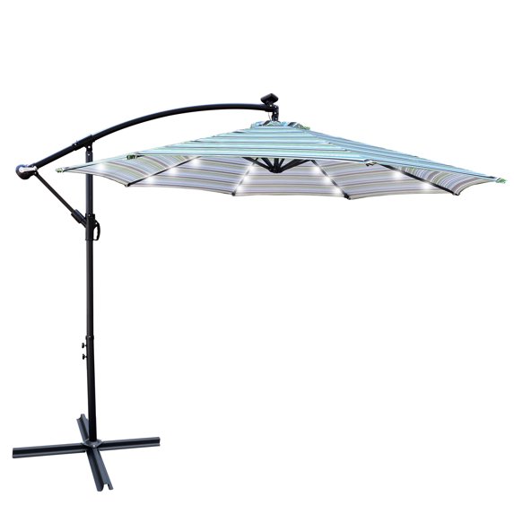 Jump Into Fun Patio Umbrella 10FT with Base Included, Outdoor Offset Cantilever Umbrella with Solar Lights, Push Button Tilt, Large Solar Umbrella for Garden, Backyard, Pool and Beach, Blue Striped