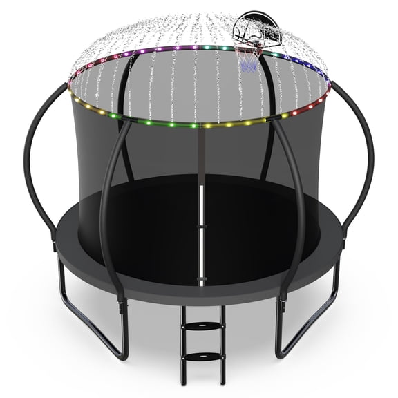 Jump Into Fun 10FT Trampoline 1000LBS for 4 Kids and Adults, Galvanized Anti-Rust Coating Pumpkin Outdoor Trampolines with Enclosure Net and Basketball Hoop, Lights, Sprinkler, Gift Family Use