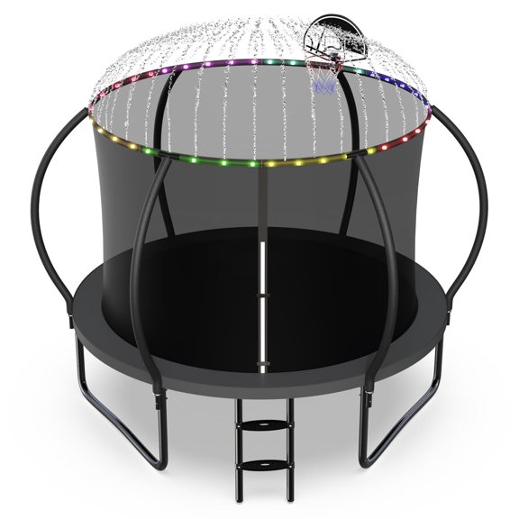 Jump Into Fun 10FT Trampoline 1000LBS for 4 Kids and Adults, Galvanized Anti-Rust Coating Pumpkin Outdoor Trampolines with Enclosure Net and Basketball Hoop, Lights, Sprinkler, Gift Family Use