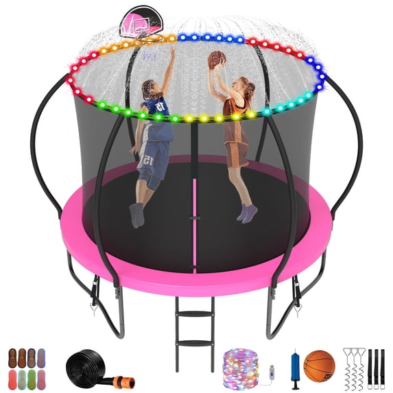 Jump Into Fun 10FT Trampoline 1000LBS for 4 Kids and Adults, Galvanized Anti-Rust Coating Pumpkin Outdoor Trampolines with Enclosure and Basketball Hoop, Lights, Sprinkler, Gift Family Use