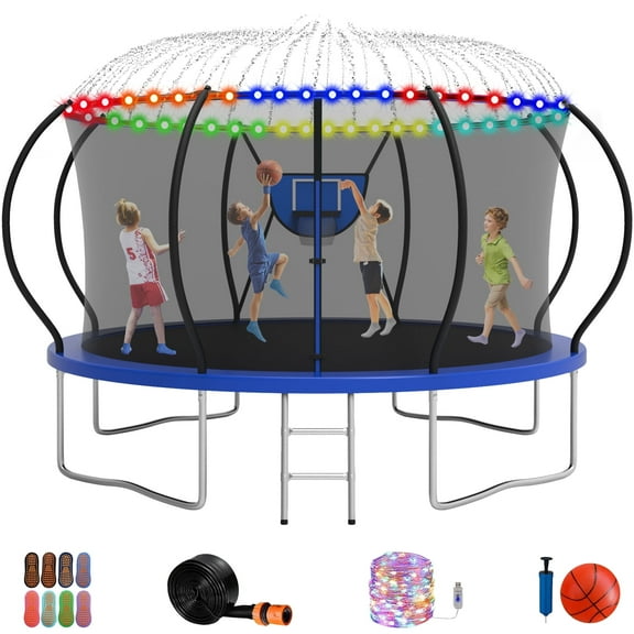 Jump Into Fun Trampoline 12FT 1200LBS,  10FT 14FT 16FT Trampoline for Adults and Kids, Trampoline with Enclosure, Basketball Hoop, LED Lights Sprinkler and More Gifts, Outdoor Pumpkin Trampoline