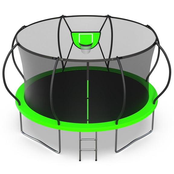 Jump Into Fun Trampoline, 12FT 10FT 14FT 16FT 1200LBS Trampoline for Adults and Kids, Trampoline with Enclosure, Basketball Hoop and Basketball, Outdoor Heavy Duty Pumpkin Trampoline