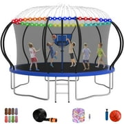 Jump Into Fun Trampoline, 14FT 10FT 12FT 16FT 1400LBS Trampoline for Adults and Kids, Trampoline with Enclosure, Basketball Hoop and Basketball, LED Light and More Gifts, Outdoor Pumpkin Trampoline