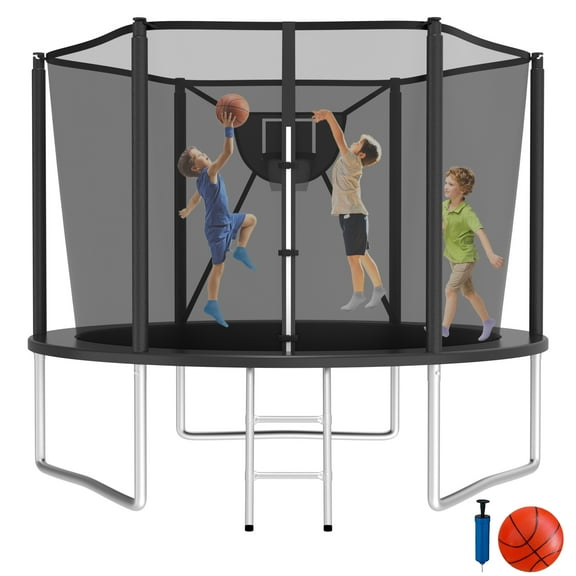 Jump Into Fun Trampoline 10FT 8 12 14 15 16FT Outdoor Trampoline for Kids and Adults with Enclosure and Basketball Hoop, 1000LBS Weight Capacity for 3-4 Adults and Kids, Easy Assembly
