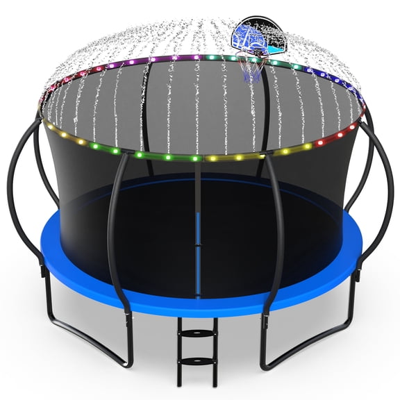 Jump Into Fun 12FT Trampoline 1200LBS for 6 Kids and Adults, Galvanized Anti-Rust Coating Pumpkin Outdoor Trampolines with Enclosure Net and Basketball Hoop, Lights, Sprinkler, Gift Family Use