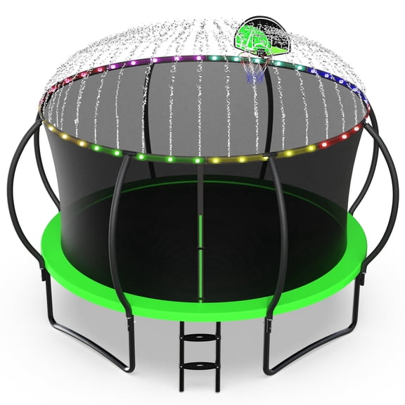 Jump Into Fun 12FT Trampoline 1200LBS for 6 Kids and Adults, Galvanized Anti-Rust Coating Pumpkin Outdoor Trampolines with Enclosure Net and Basketball Hoop, Lights, Sprinkler, Gift Family Use